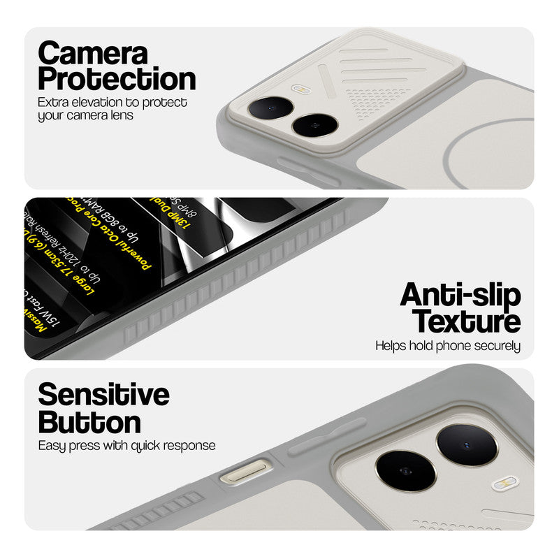 Grey-White phone case for Poco C81 4G showing camera safety edges, anti slip side grip and easy press button covers.