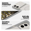 Grey-White phone case for Poco C85x 5G showing camera safety edges, anti slip side grip and easy press button covers.
