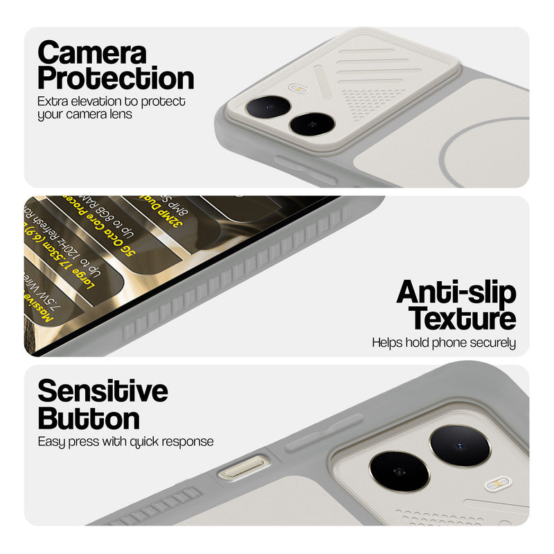 Grey-White phone case for Poco C85x 5G showing camera safety edges, anti slip side grip and easy press button covers.