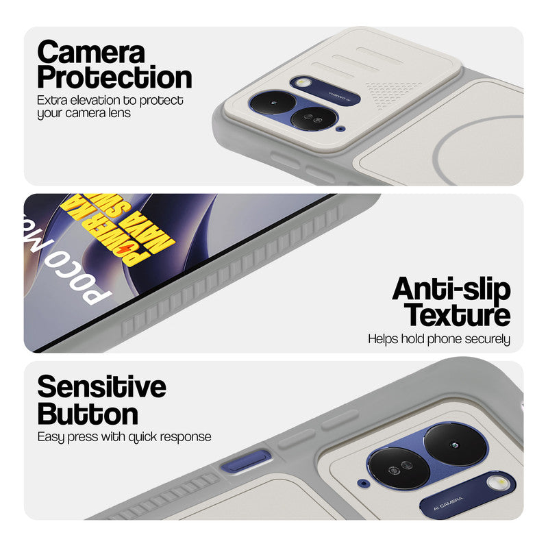 Grey-White phone case for Poco M8x 5G showing camera safety edges, anti slip side grip and easy press button covers.