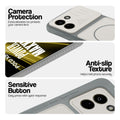 Grey-White phone case for Poco X8 Power 5G showing camera safety edges, anti slip side grip and easy press button covers.