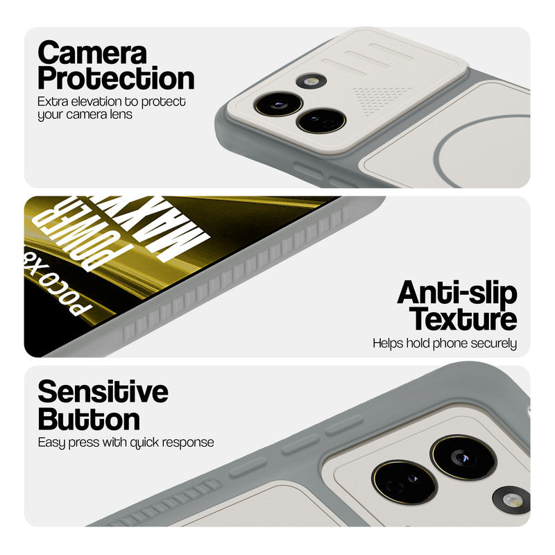 Grey-White phone case for Poco X8 Power 5G showing camera safety edges, anti slip side grip and easy press button covers.