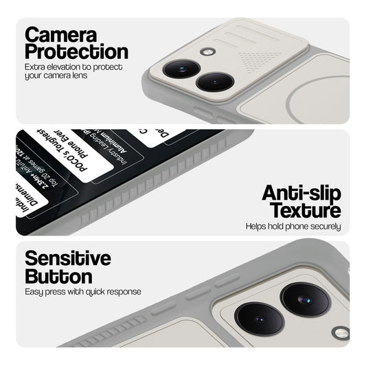 Grey-White phone case for Poco X8 Pro 5G showing camera safety edges, anti slip side grip and easy press button covers.