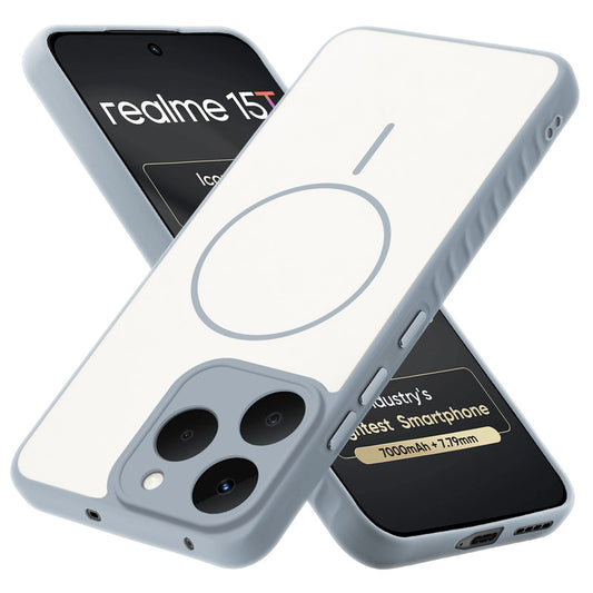 Matte Silicone Dual Color Back Cover with Metal Buttons & Ring Design for Realme 15T 5G
