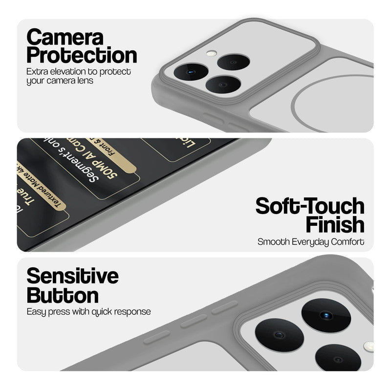 Grey-White phone case for Realme 15T 5Gshowing camera safety edges, anti slip side grip and easy press button covers.