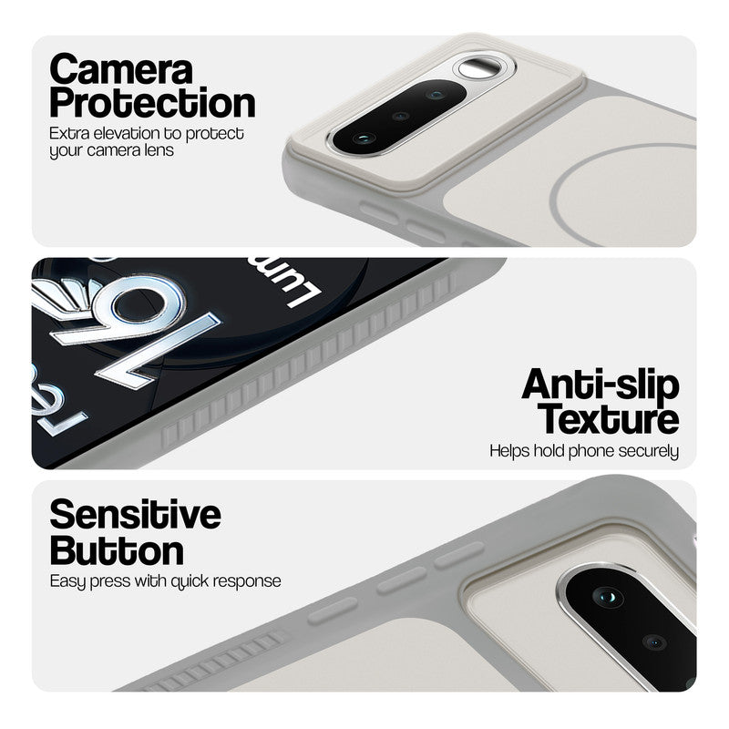 Grey-White phone case for Realme 16 5G showing camera safety edges, anti slip side grip and easy press button covers.