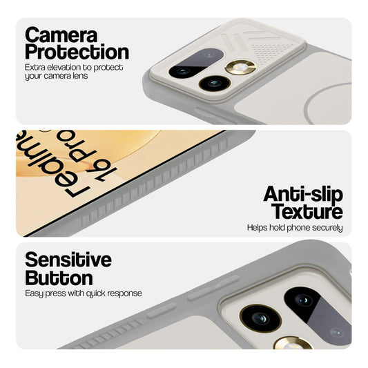 Grey-White phone case for Realme 16 Pro 5G showing camera safety edges, anti slip side grip and easy press button covers.