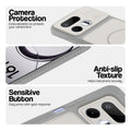 Grey-White phone case for Realme 16T 5G showing camera safety edges, anti slip side grip and easy press button covers.
