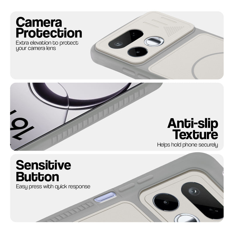 Grey-White phone case for Realme 16T 5G showing camera safety edges, anti slip side grip and easy press button covers.