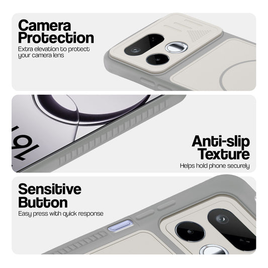 Grey-White phone case for Realme 16T 5G showing camera safety edges, anti slip side grip and easy press button covers.