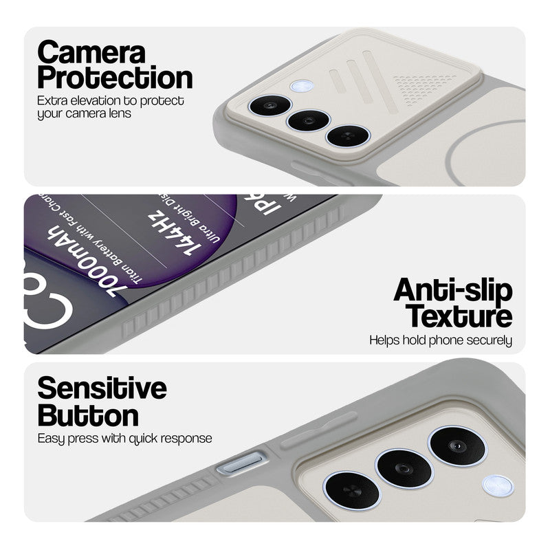 Grey-White phone case for Realme C83 5G showing camera safety edges, anti slip side grip and easy press button covers.