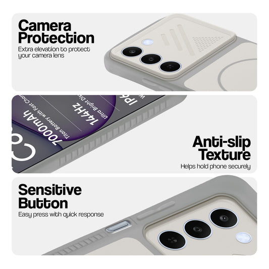 Grey-White phone case for Realme C83 5G showing camera safety edges, anti slip side grip and easy press button covers.