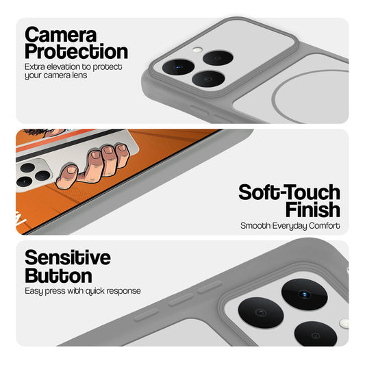 Grey-White phone case for Realme Narzo 90 5G showing camera safety edges, anti slip side grip and easy press button covers.