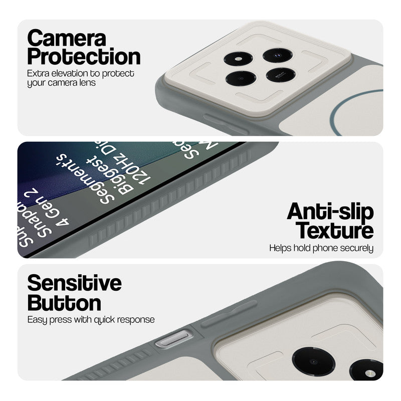 Grey-White phone case for Redmi 14C 5G showing camera safety edges, anti slip side grip and easy press button covers.