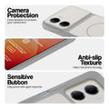 Grey-White phone case for Redmi 15A 5G showing camera safety edges, anti slip side grip and easy press button covers.