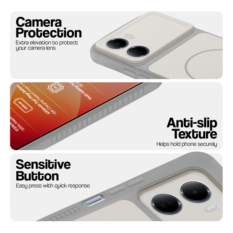 Grey-White phone case for Redmi 15A 5G showing camera safety edges, anti slip side grip and easy press button covers.