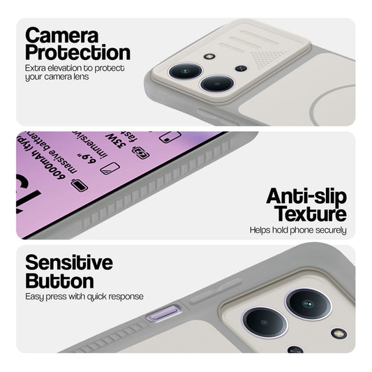 Grey-White phone case for Redmi 15C 5G showing camera safety edges, anti slip side grip and easy press button covers.