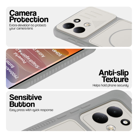 Grey-White phone case for Redmi 17 5G showing camera safety edges, anti slip side grip and easy press button covers.