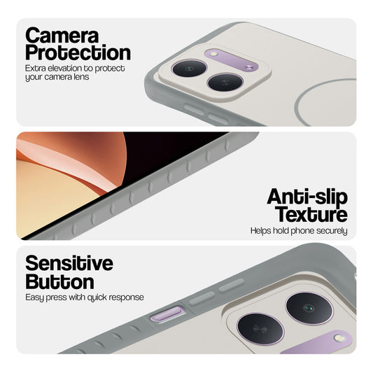 Grey-White phone case for Redmi 17C 5G showing camera safety edges, anti slip side grip and easy press button covers.
