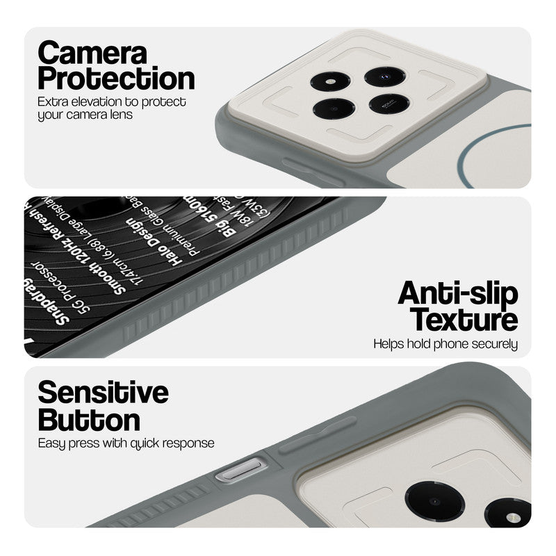 Grey-White phone case for Redmi A4 5G showing camera safety edges, anti slip side grip and easy press button covers.