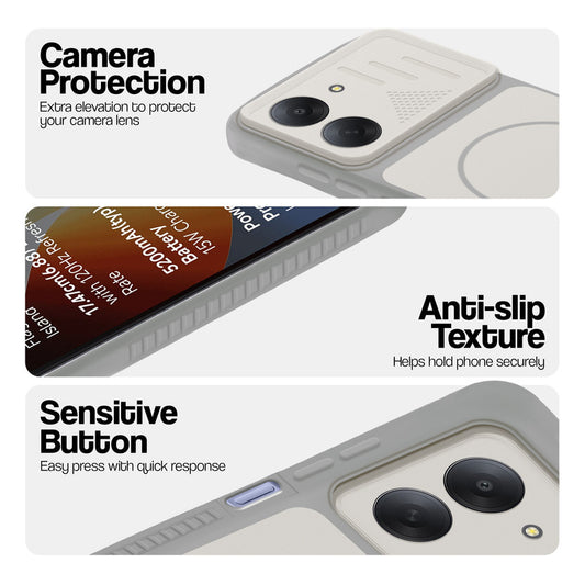 Grey-White phone case for Redmi A7 4G showing camera safety edges, anti slip side grip and easy press button covers.