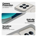 Grey-White phone case for Redmi Note 15 Pro 5G showing camera safety edges, anti slip side grip and easy press button covers.