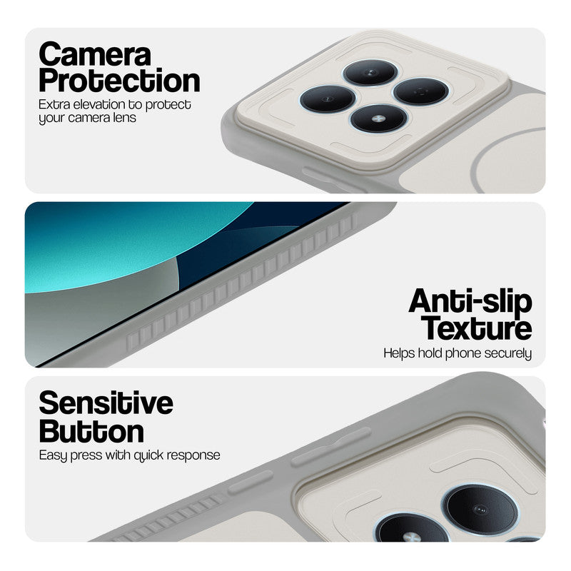 Grey-White phone case for Redmi Note 15 Pro 5G showing camera safety edges, anti slip side grip and easy press button covers.