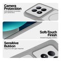 Grey-White phone case for Redmi Note 15 Pro 5G showing camera safety edges, anti slip side grip and easy press button covers.
