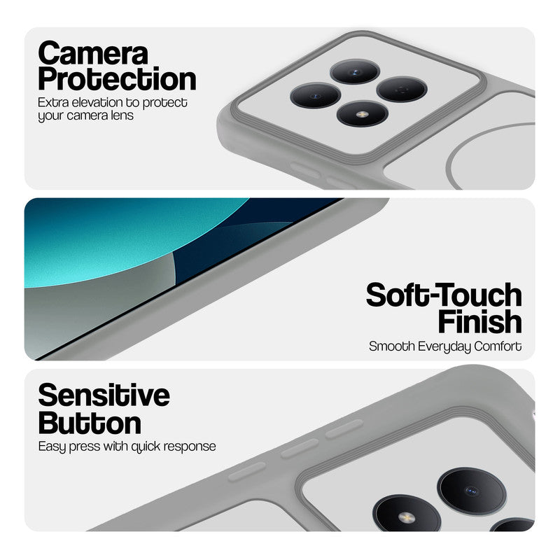Grey-White phone case for Redmi Note 15 Pro 5G showing camera safety edges, anti slip side grip and easy press button covers.
