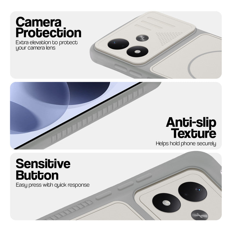 Grey-White phone case for Redmi Note 17 5G showing camera safety edges, anti slip side grip and easy press button covers.