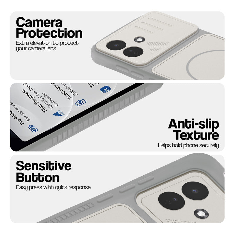 Grey-White phone case for Redmi Note 17 Pro 5G showing camera safety edges, anti slip side grip and easy press button covers.
