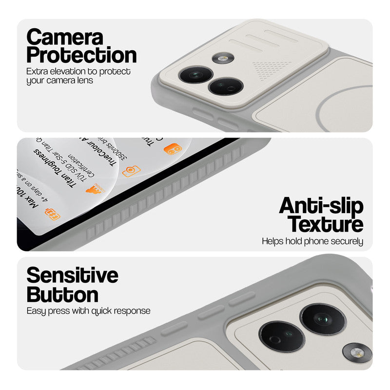 Grey-White phone case for Redmi Note 17 Pro Max 5G showing camera safety edges, anti slip side grip and easy press button covers.