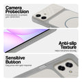 Grey-White phone case for Samsung A07 5G showing camera safety edges, anti slip side grip and easy press button covers.