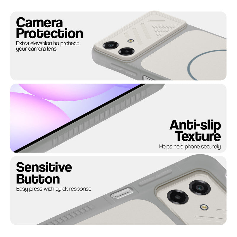 Grey-White phone case for Samsung A07 5G showing camera safety edges, anti slip side grip and easy press button covers.