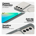 Grey-White phone case for Samsung A16 5G showing camera safety edges, anti slip side grip and easy press button covers.