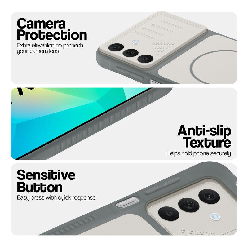 Grey-White phone case for Samsung A16 5G showing camera safety edges, anti slip side grip and easy press button covers.