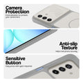 Grey-White phone case for Samsung A17 5G showing camera safety edges, anti slip side grip and easy press button covers.