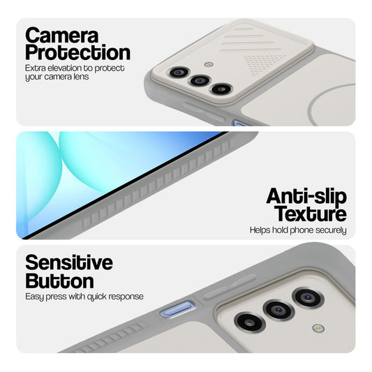 Grey-White phone case for Samsung A17 5G showing camera safety edges, anti slip side grip and easy press button covers.