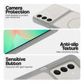 Grey-White phone case for Samsung A26 5G showing camera safety edges, anti slip side grip and easy press button covers.