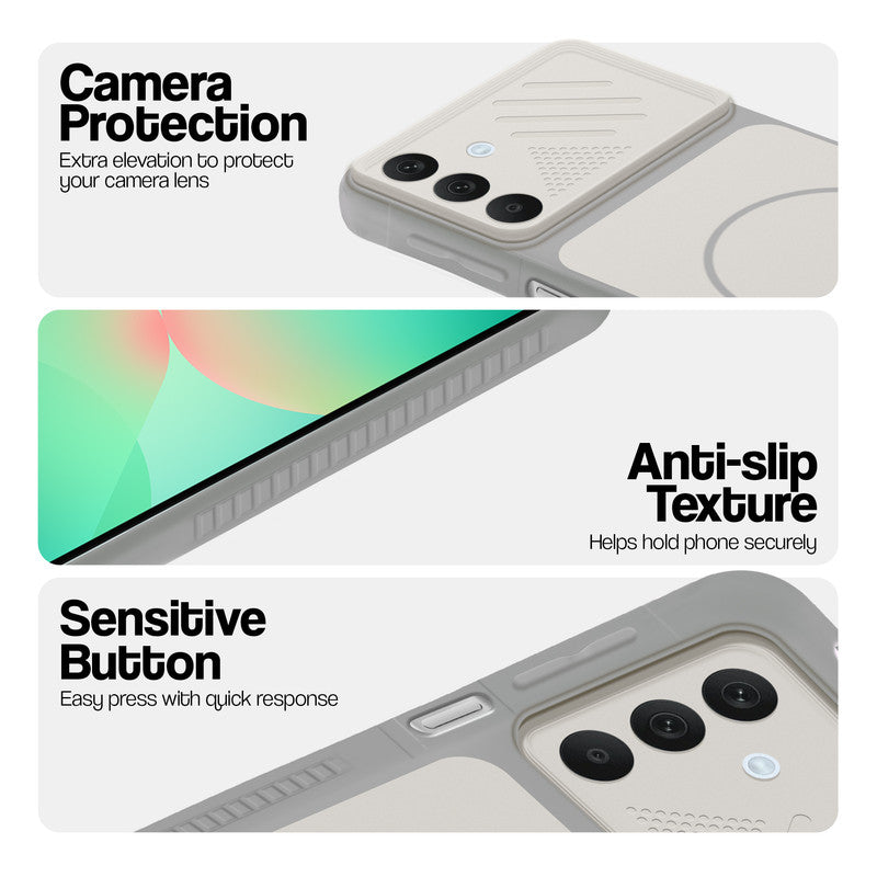 Grey-White phone case for Samsung A26 5G showing camera safety edges, anti slip side grip and easy press button covers.