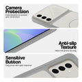 Grey-White phone case for Samsung A36 5G showing camera safety edges, anti slip side grip and easy press button covers.