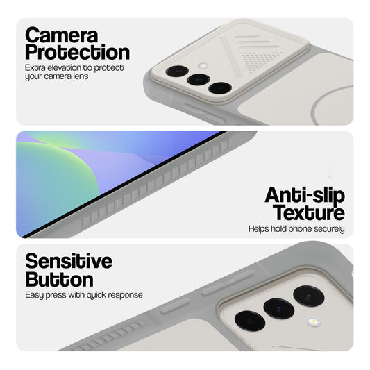 Grey-White phone case for Samsung A36 5G showing camera safety edges, anti slip side grip and easy press button covers.