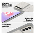 Grey-White phone case for Samsung A37 5G showing camera safety edges, anti slip side grip and easy press button covers.