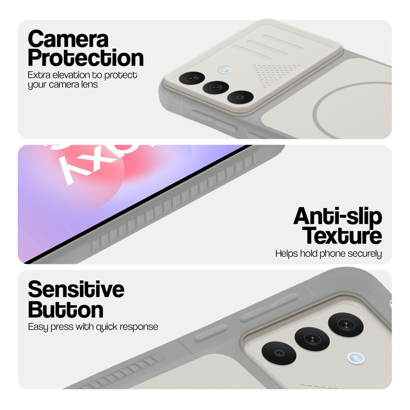 Grey-White phone case for Samsung A37 5G showing camera safety edges, anti slip side grip and easy press button covers.