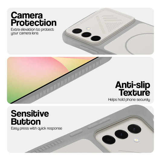 Grey-White phone case for Samsung A56 5G showing camera safety edges, anti slip side grip and easy press button covers.