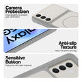 Grey-White phone case for Samsung A57 5G showing camera safety edges, anti slip side grip and easy press button covers.