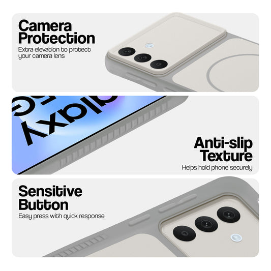 Grey-White phone case for Samsung A57 5G showing camera safety edges, anti slip side grip and easy press button covers.
