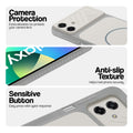 Grey-White phone case for Samsung F07 showing camera safety edges, anti slip side grip and easy press button covers.