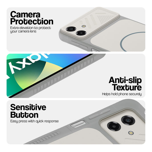 Grey-White phone case for Samsung F07 showing camera safety edges, anti slip side grip and easy press button covers.