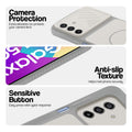 Grey-White phone case for Samsung F17 5G  showing camera safety edges, anti slip side grip and easy press button covers.